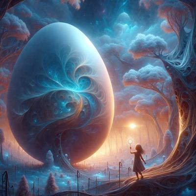 The primary subject of the image is a large, blue, swirling egg. The setting is a forest with trees and a sky background. The visual style is digital art, and the colors and mood are predominantly blue and serene.